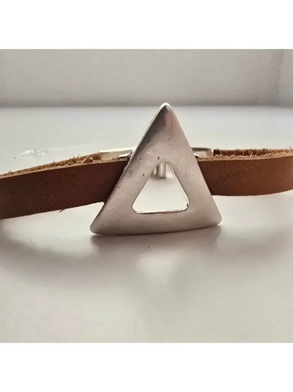 NWT Bohemian Antique Silver Geo Triangle Brown Faux Leather Bracelet